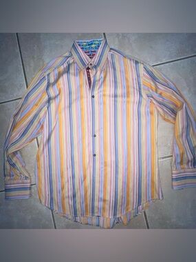 Robert Graham Button Front Shirt M Colorful Striped Cars.